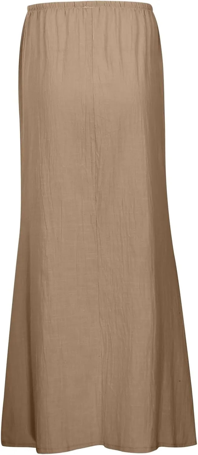 Linen Maxi Skirt for Women Elastic High Waist Flowy Boho Long Skirts 2025 Trendy Summer Vacation Beach A-Line Skirt