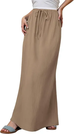 Linen Maxi Skirt for Women Elastic High Waist Flowy Boho Long Skirts 2025 Trendy Summer Vacation Beach A-Line Skirt