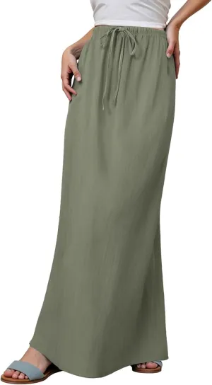 Linen Maxi Skirt for Women Elastic High Waist Flowy Boho Long Skirts 2025 Trendy Summer Vacation Beach A-Line Skirt