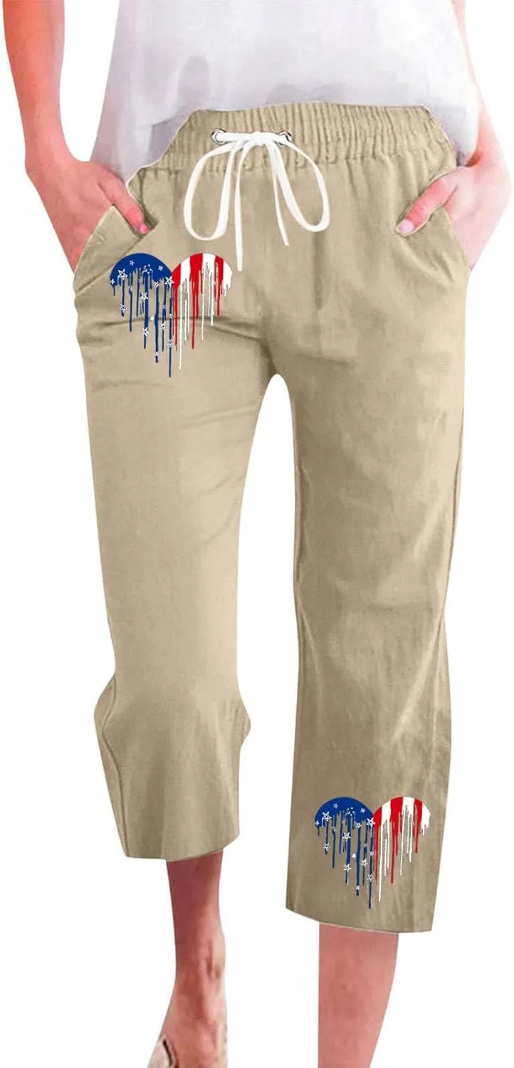 Linen Pants for Women 2025 Drawstring Elastic Waist Straight Leg Capris Beach Pants Patriotic Lounge Trousers