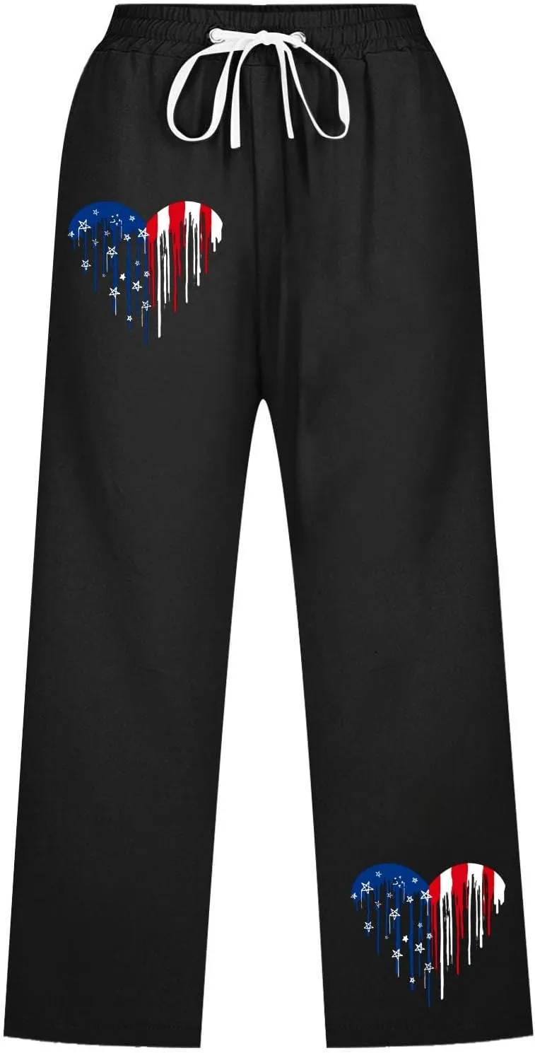 Linen Pants for Women 2025 Drawstring Elastic Waist Straight Leg Capris Beach Pants Patriotic Lounge Trousers