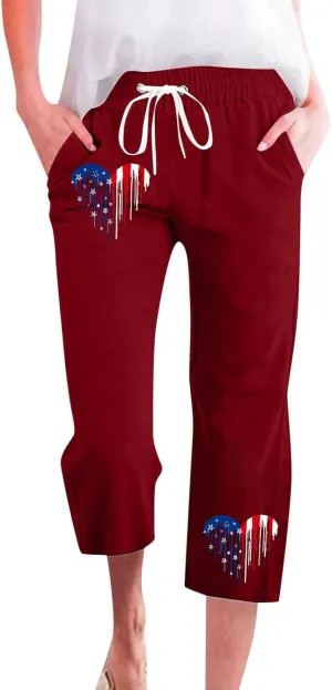 Linen Pants for Women 2025 Drawstring Elastic Waist Straight Leg Capris Beach Pants Patriotic Lounge Trousers