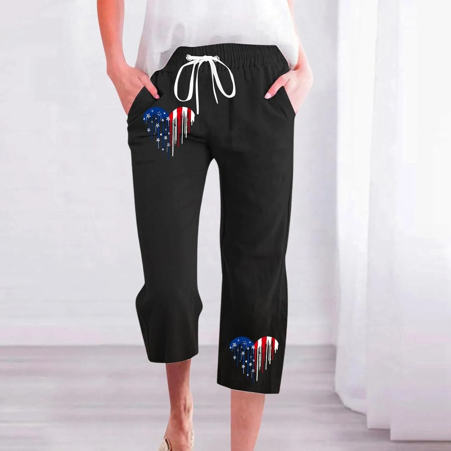 Linen Pants for Women 2025 Drawstring Elastic Waist Straight Leg Capris Beach Pants Patriotic Lounge Trousers