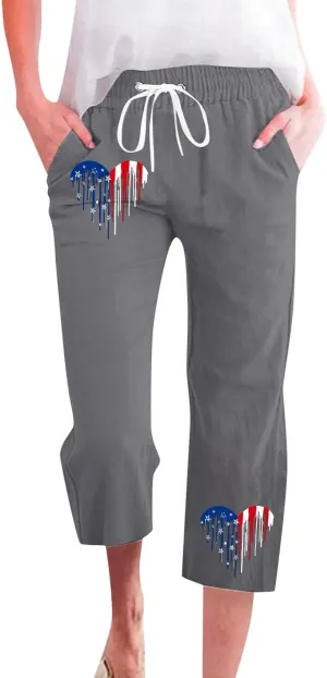 Linen Pants for Women 2025 Drawstring Elastic Waist Straight Leg Capris Beach Pants Patriotic Lounge Trousers