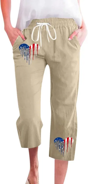 Linen Pants for Women 2025 Drawstring Elastic Waist Straight Leg Capris Beach Pants Patriotic Lounge Trousers