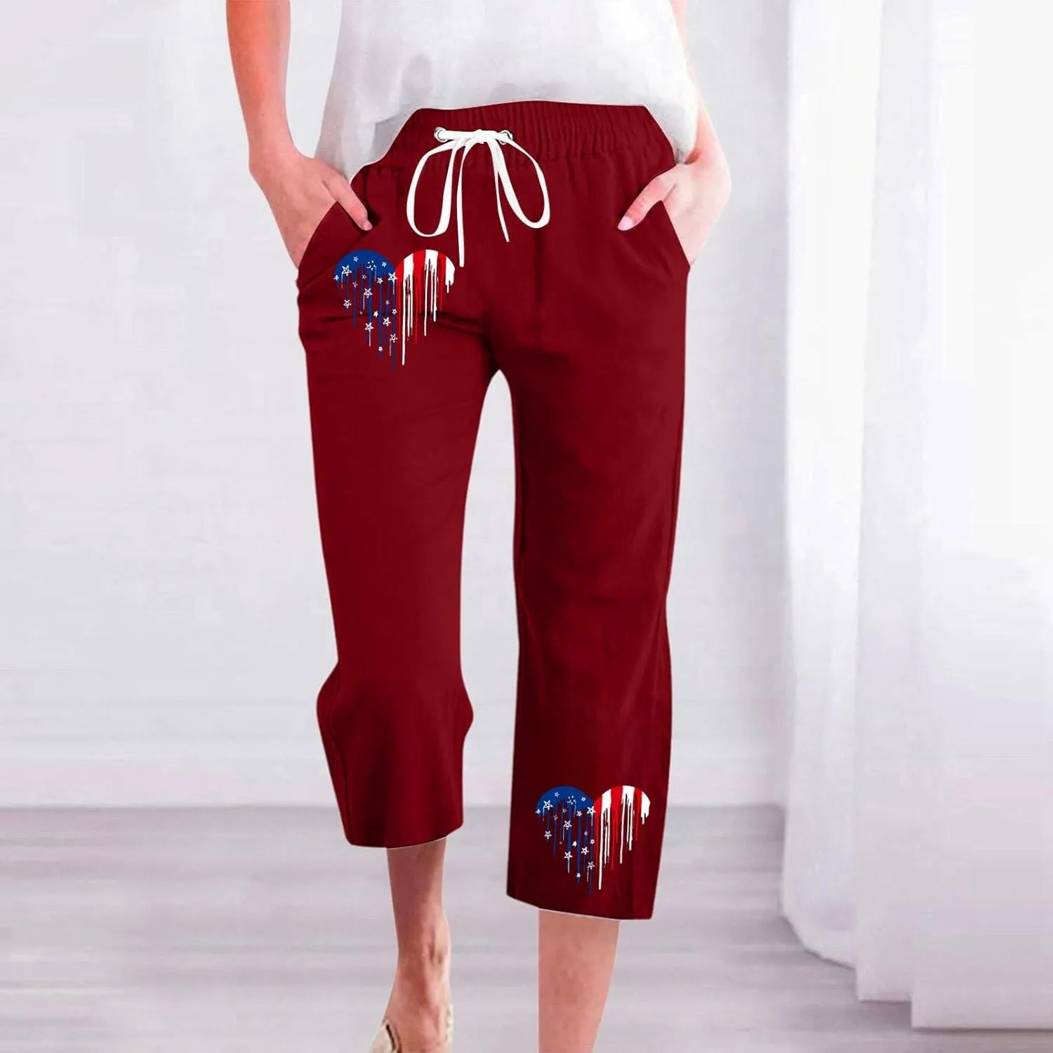 Linen Pants for Women 2025 Drawstring Elastic Waist Straight Leg Capris Beach Pants Patriotic Lounge Trousers