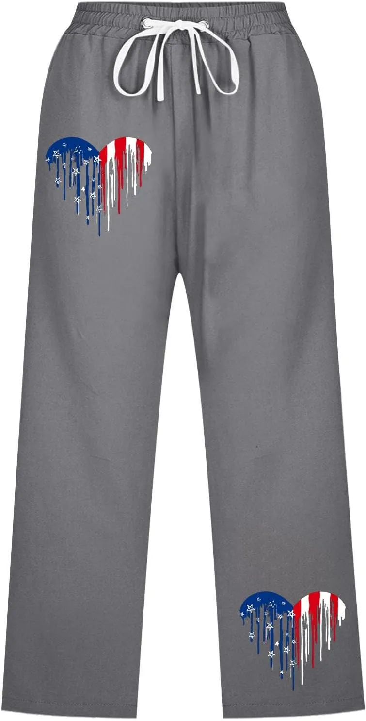 Linen Pants for Women 2025 Drawstring Elastic Waist Straight Leg Capris Beach Pants Patriotic Lounge Trousers