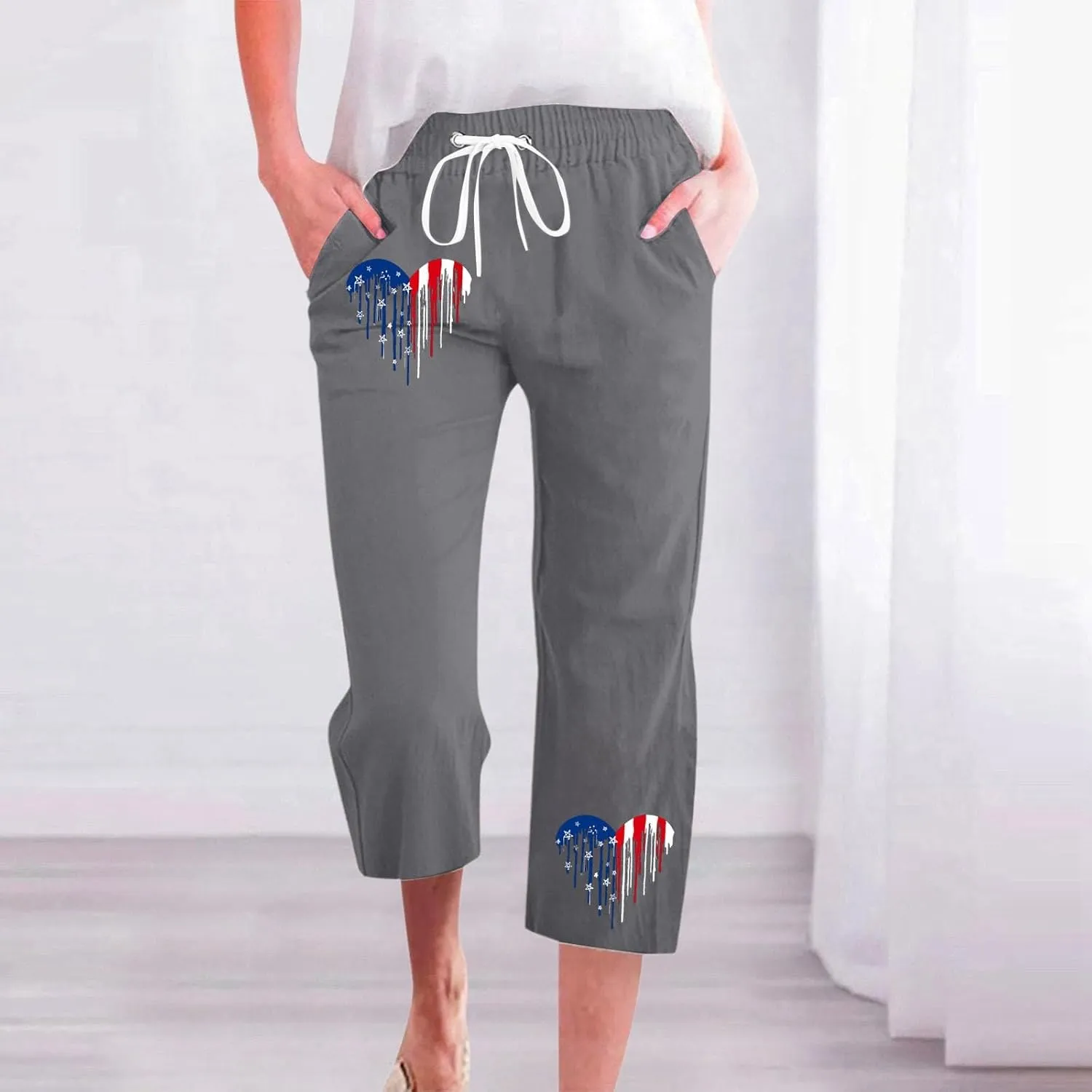 Linen Pants for Women 2025 Drawstring Elastic Waist Straight Leg Capris Beach Pants Patriotic Lounge Trousers
