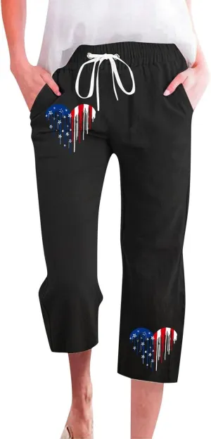 Linen Pants for Women 2025 Drawstring Elastic Waist Straight Leg Capris Beach Pants Patriotic Lounge Trousers