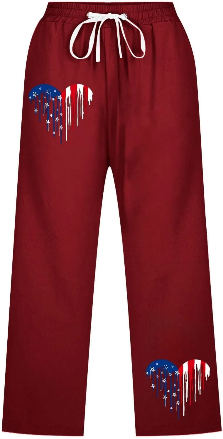 Linen Pants for Women 2025 Drawstring Elastic Waist Straight Leg Capris Beach Pants Patriotic Lounge Trousers