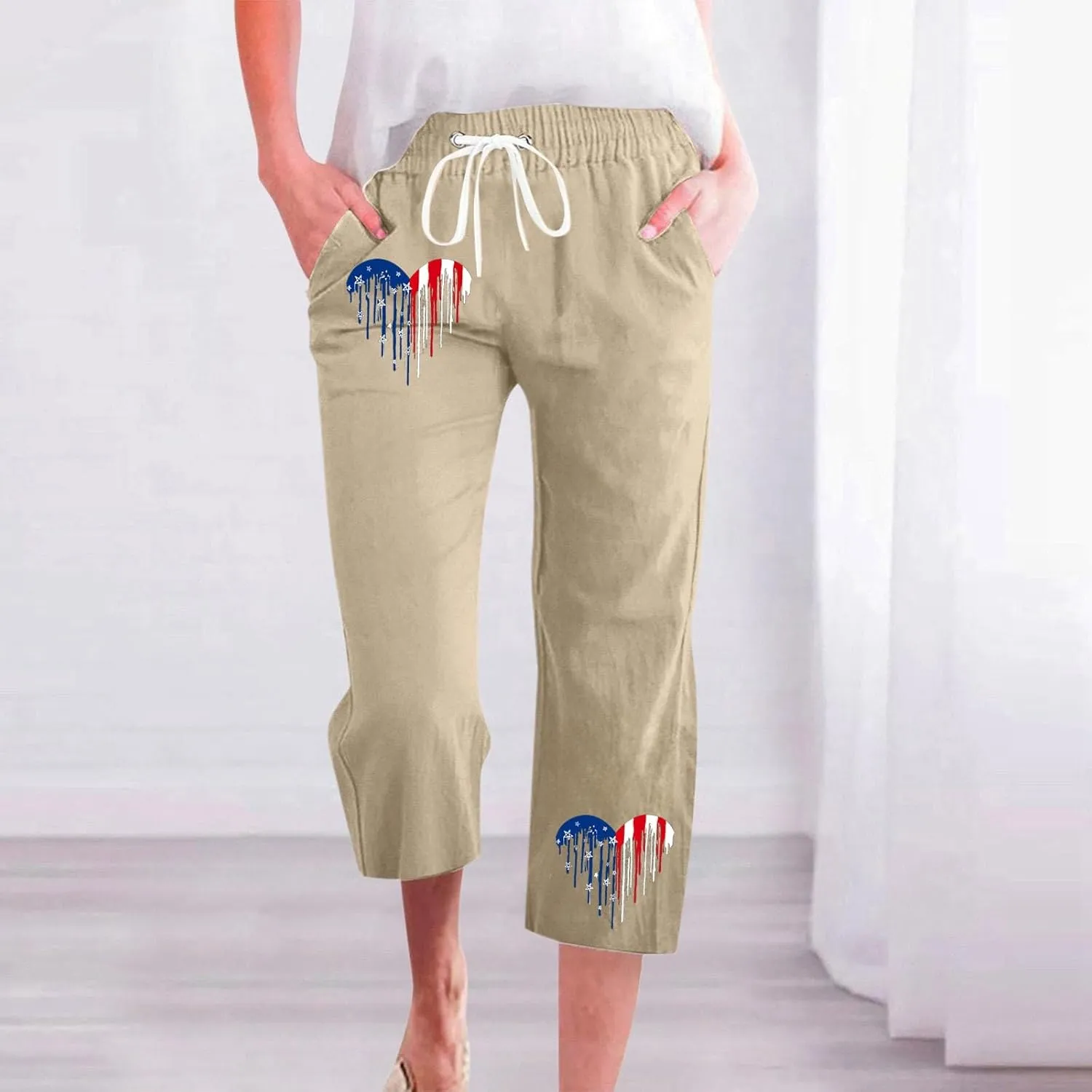 Linen Pants for Women 2025 Drawstring Elastic Waist Straight Leg Capris Beach Pants Patriotic Lounge Trousers