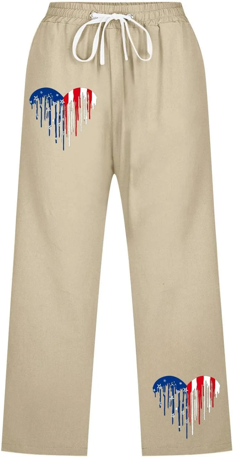 Linen Pants for Women 2025 Drawstring Elastic Waist Straight Leg Capris Beach Pants Patriotic Lounge Trousers