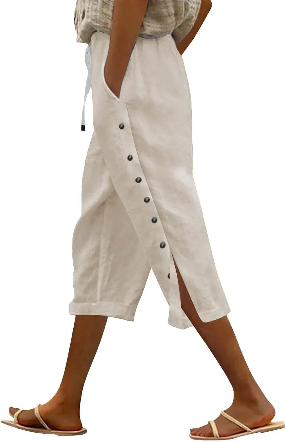 Linen Pants for Women 2025 Spring Summer Lightweight Capri Pants Vacation Beach Trouser Side-Buttoned Closure Joggers