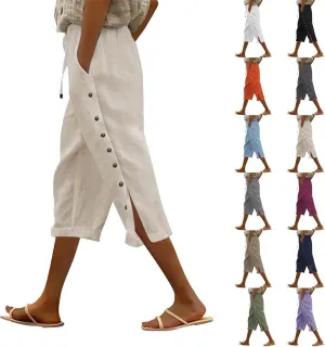 Linen Pants for Women 2025 Spring Summer Lightweight Capri Pants Vacation Beach Trouser Side-Buttoned Closure Joggers