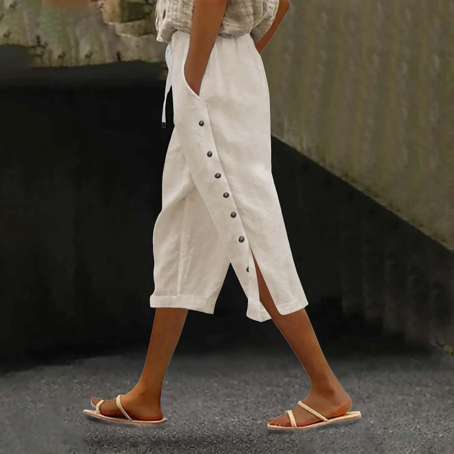 Linen Pants for Women 2025 Spring Summer Lightweight Capri Pants Vacation Beach Trouser Side-Buttoned Closure Joggers