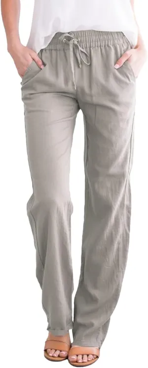Linen Pants for Women Casual Drawstring Elastic Waist Linen Trousers Straight Leg Plus Size Loose Pants with Pocket