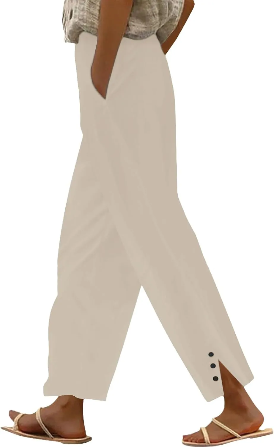 Linen Pants Women Casual Elastic Waist Bottom Side Button Slit Straight Leg Trousers Summer Baggy Comfy Lounge Pants
