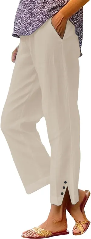 Linen Pants Women Casual Elastic Waist Bottom Side Button Slit Straight Leg Trousers Summer Baggy Comfy Lounge Pants
