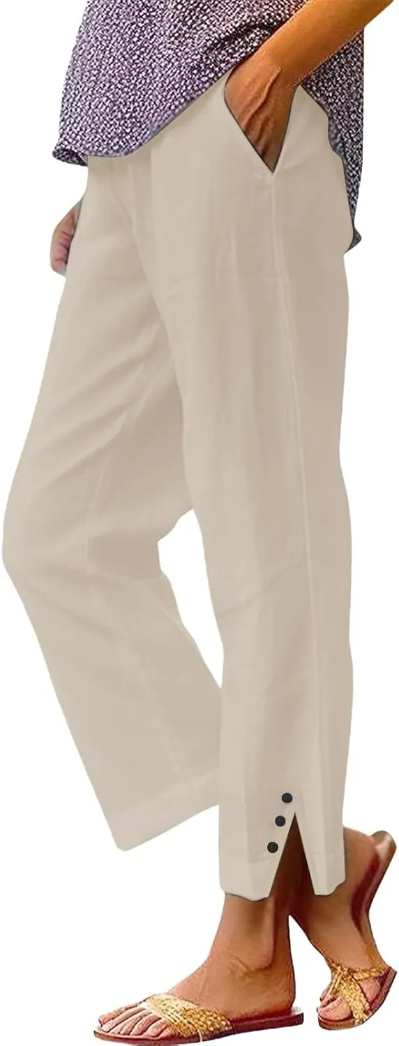 Linen Pants Women Casual Elastic Waist Bottom Side Button Slit Straight Leg Trousers Summer Baggy Comfy Lounge Pants