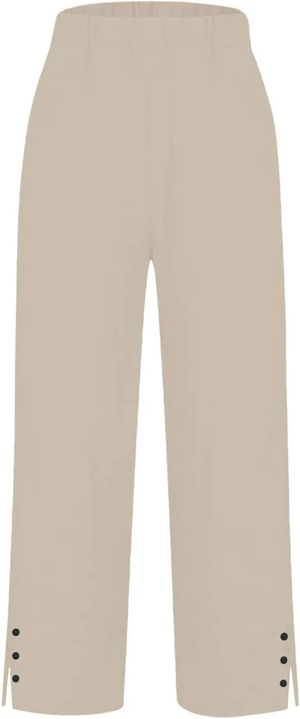 Linen Pants Women Casual Elastic Waist Bottom Side Button Slit Straight Leg Trousers Summer Baggy Comfy Lounge Pants