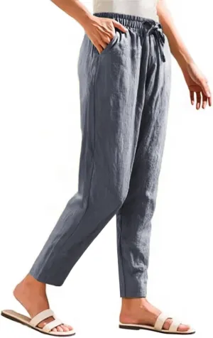 Linen Pants Women Casual Wide Leg Elastic Drawstring Pants Women Comfy Lounge Summer Beach Trousers with Pockets