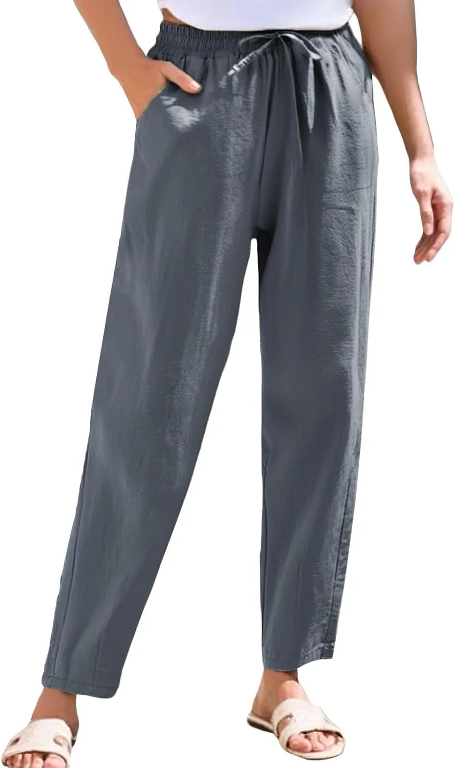 Linen Pants Women Casual Wide Leg Elastic Drawstring Pants Women Comfy Lounge Summer Beach Trousers with Pockets