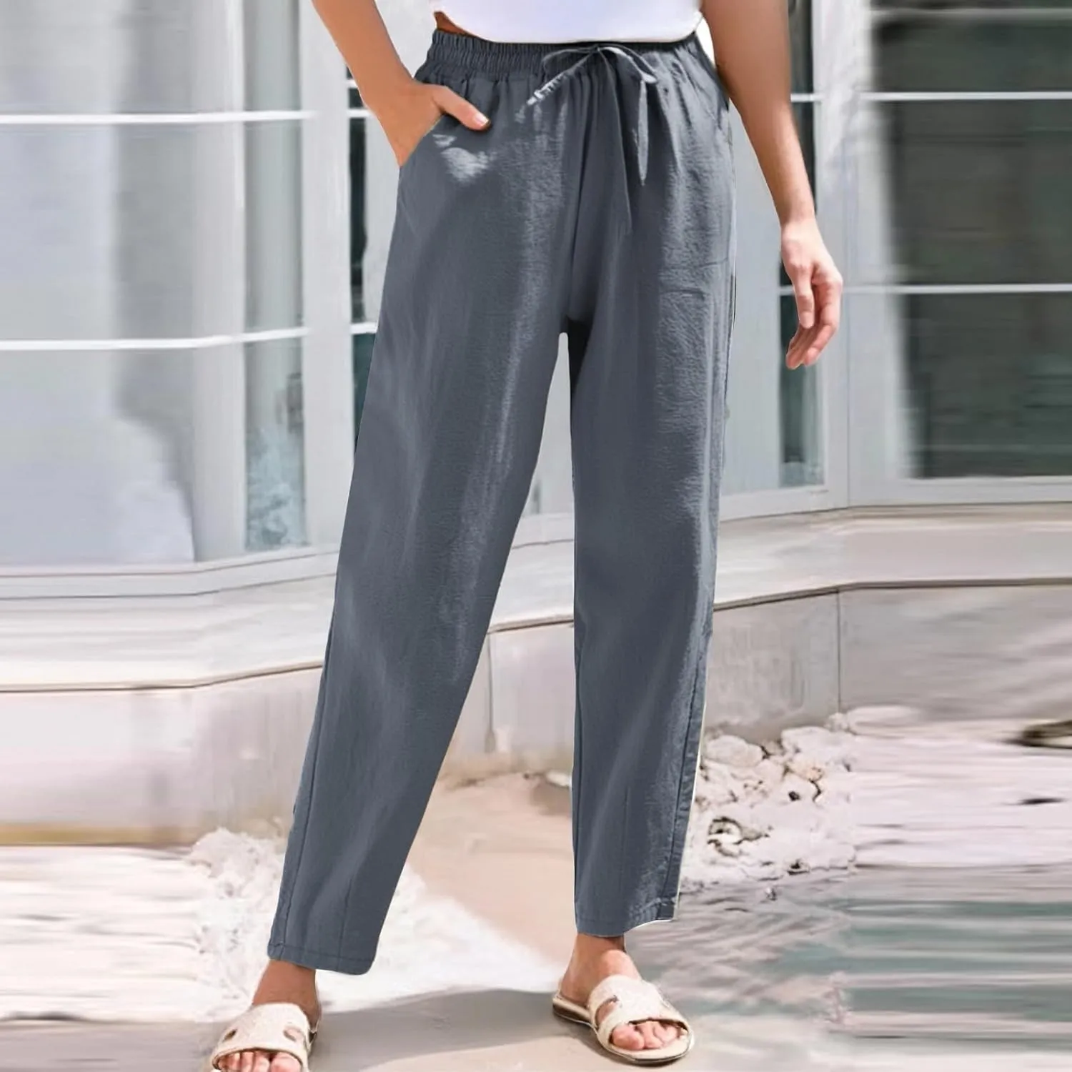 Linen Pants Women Casual Wide Leg Elastic Drawstring Pants Women Comfy Lounge Summer Beach Trousers with Pockets