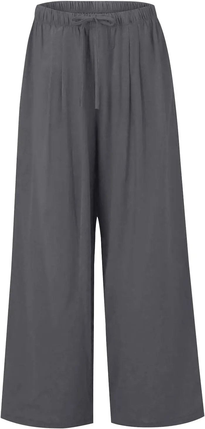 Linen Pants Women Drawstring Elastic Waist Wide Leg Loose Fit Summer Trouser Palazzo Pants Women with Pockets