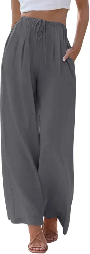 Linen Pants Women Drawstring Elastic Waist Wide Leg Loose Fit Summer Trouser Palazzo Pants Women with Pockets
