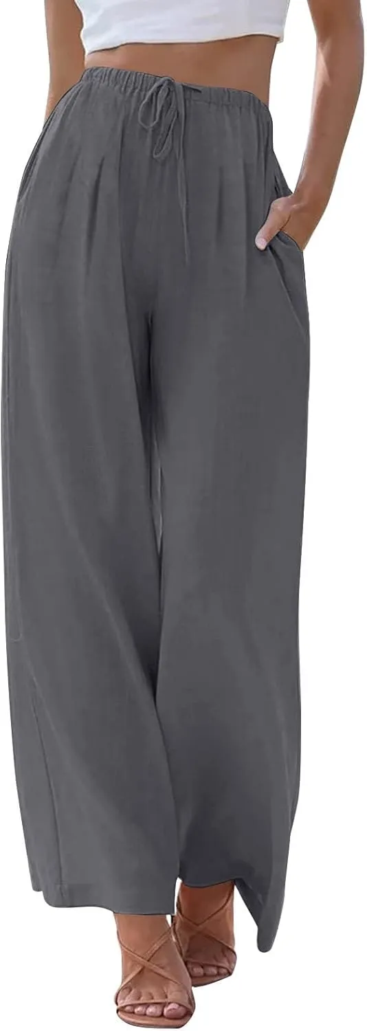 Linen Pants Women Drawstring Elastic Waist Wide Leg Loose Fit Summer Trouser Palazzo Pants Women with Pockets