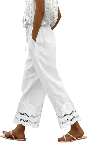Linen Pants Women Lounge Trousers Drawstring Elastic Waist Summer Boho Palazzo Vintage Pants with Pockets