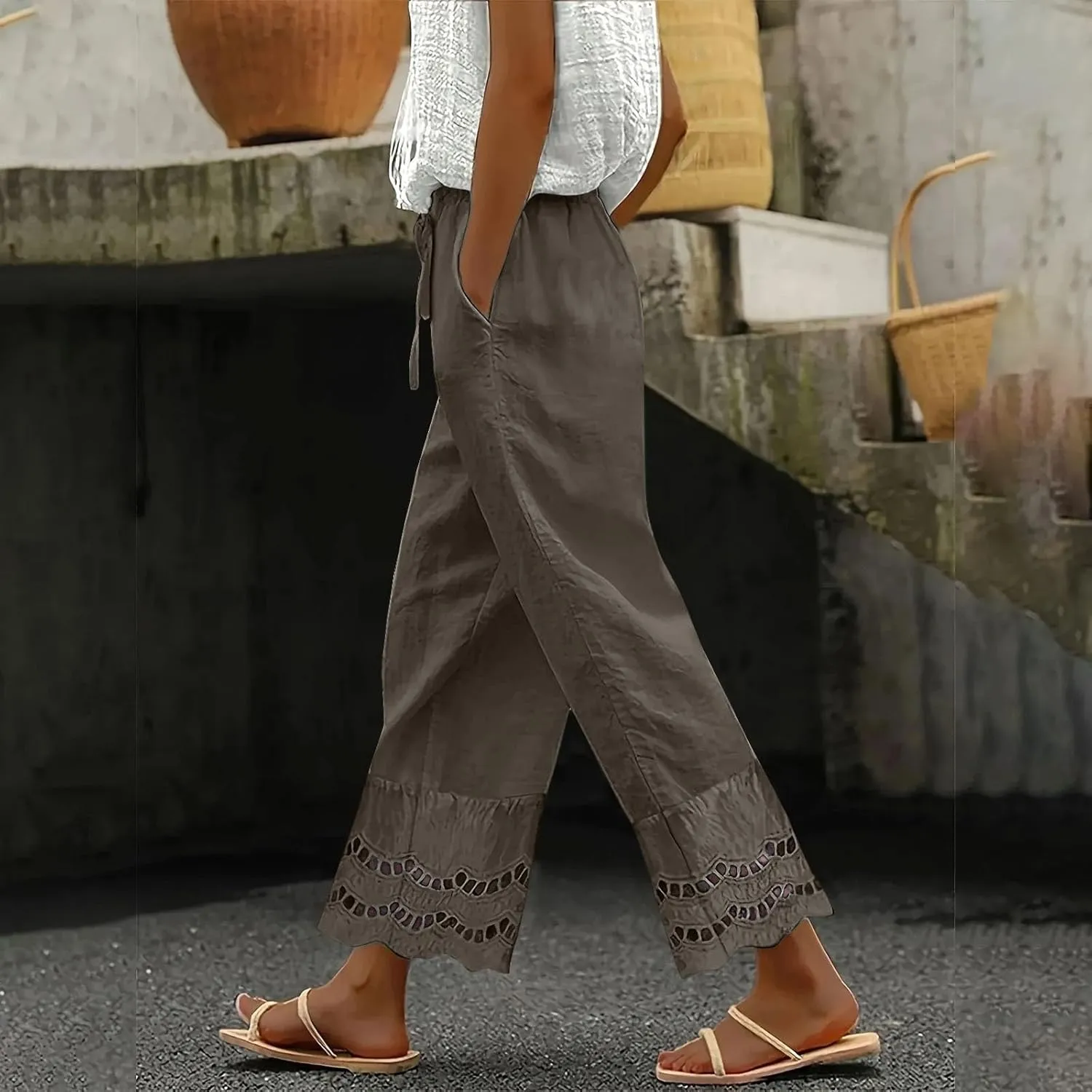 Linen Pants Women Lounge Trousers Drawstring Elastic Waist Summer Boho Palazzo Vintage Pants with Pockets