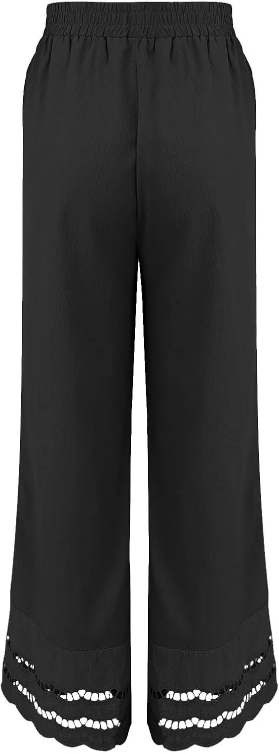 Linen Pants Women Lounge Trousers Drawstring Elastic Waist Summer Boho Palazzo Vintage Pants with Pockets