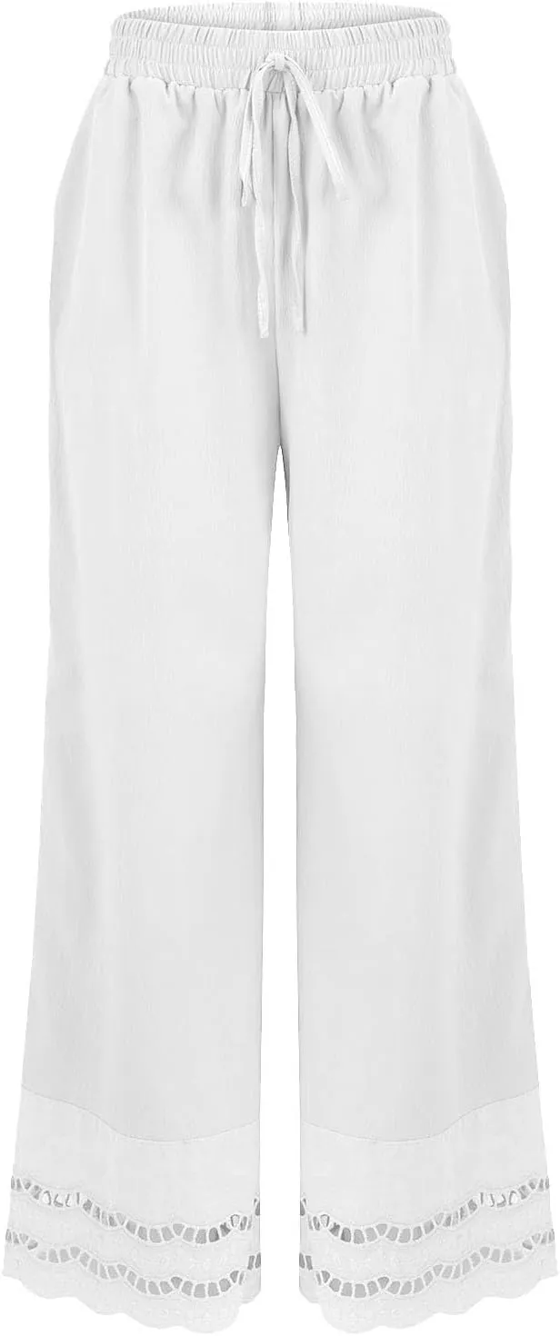 Linen Pants Women Lounge Trousers Drawstring Elastic Waist Summer Boho Palazzo Vintage Pants with Pockets