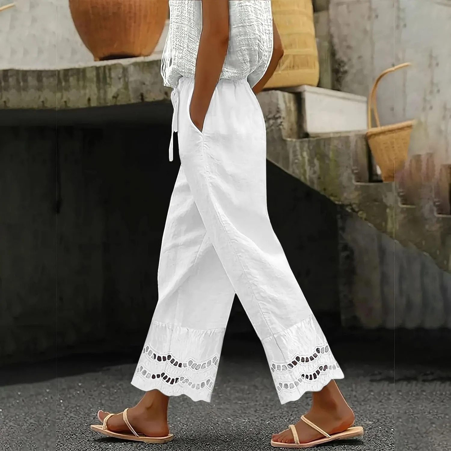 Linen Pants Women Lounge Trousers Drawstring Elastic Waist Summer Boho Palazzo Vintage Pants with Pockets