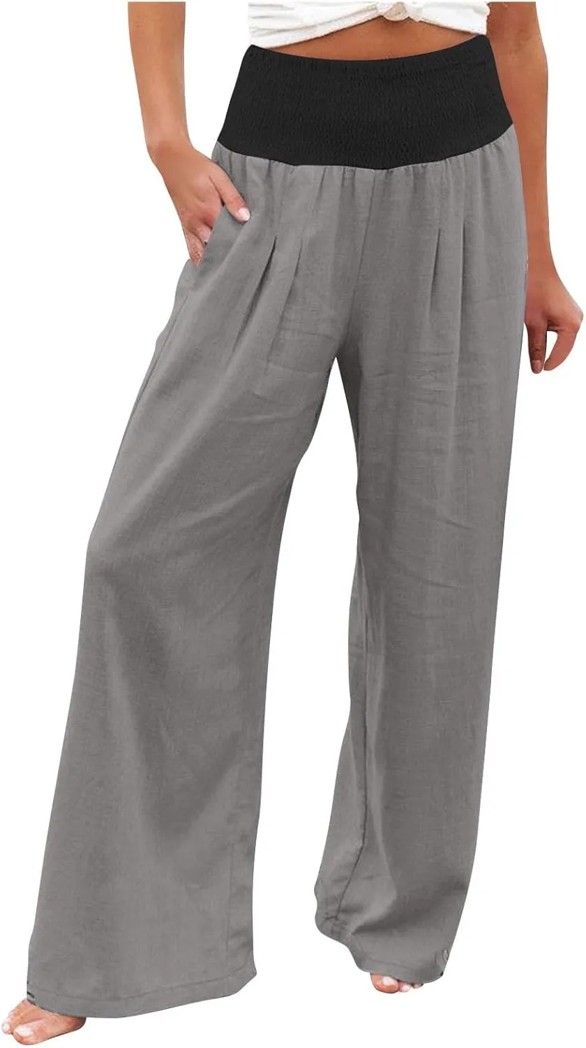Linen Pants Women Straight Leg Summer Beach Trousers Casual Palazzo with Pockets Drawstring Elastic Waist Pants