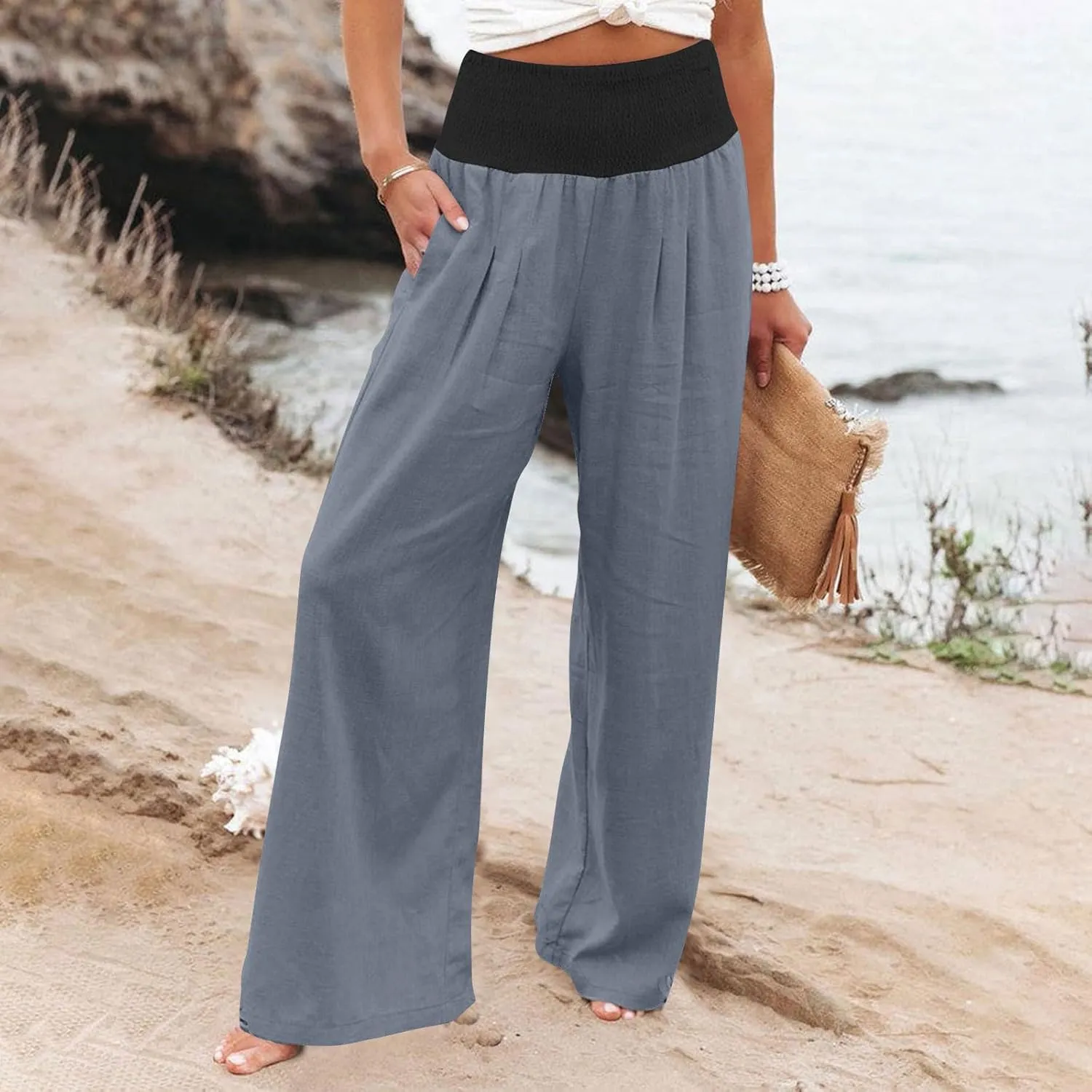 Linen Pants Women Straight Leg Summer Beach Trousers Casual Palazzo with Pockets Drawstring Elastic Waist Pants