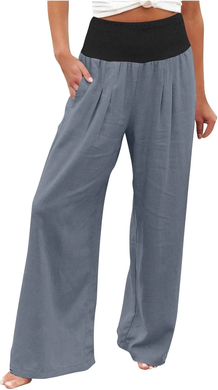 Linen Pants Women Straight Leg Summer Beach Trousers Casual Palazzo with Pockets Drawstring Elastic Waist Pants