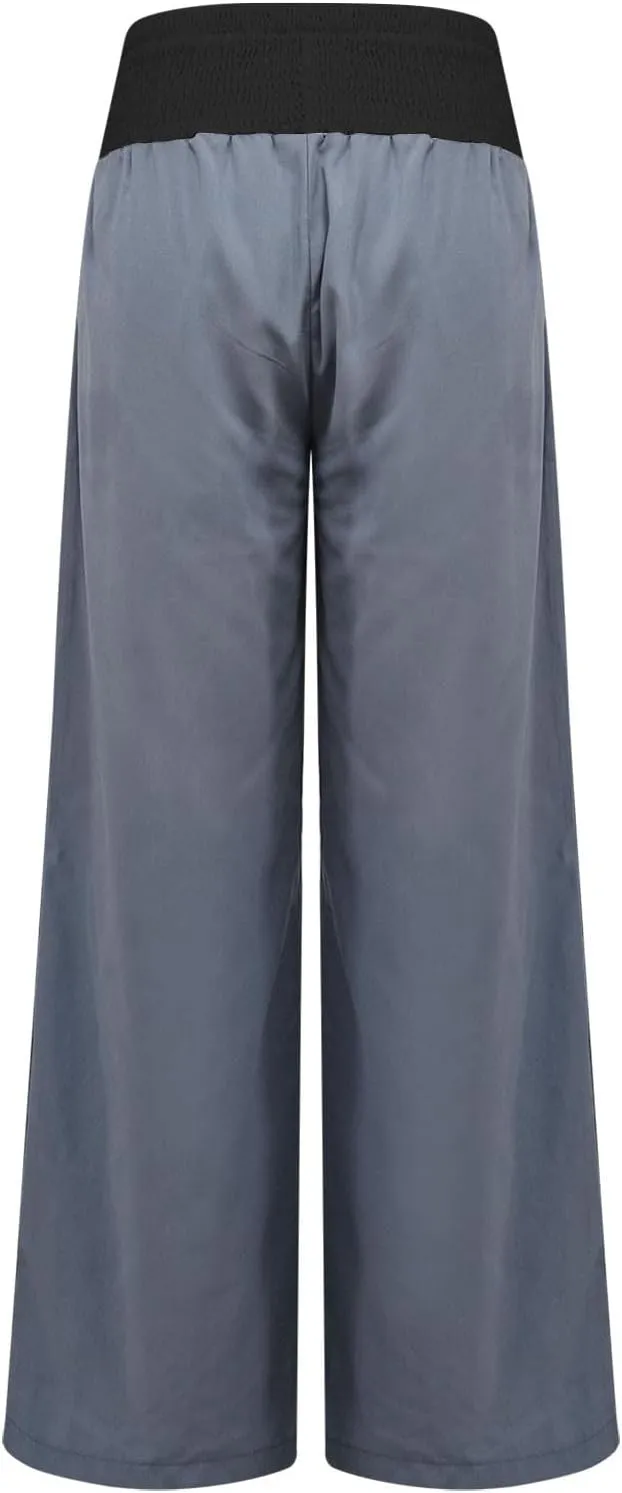 Linen Pants Women Straight Leg Summer Beach Trousers Casual Palazzo with Pockets Drawstring Elastic Waist Pants