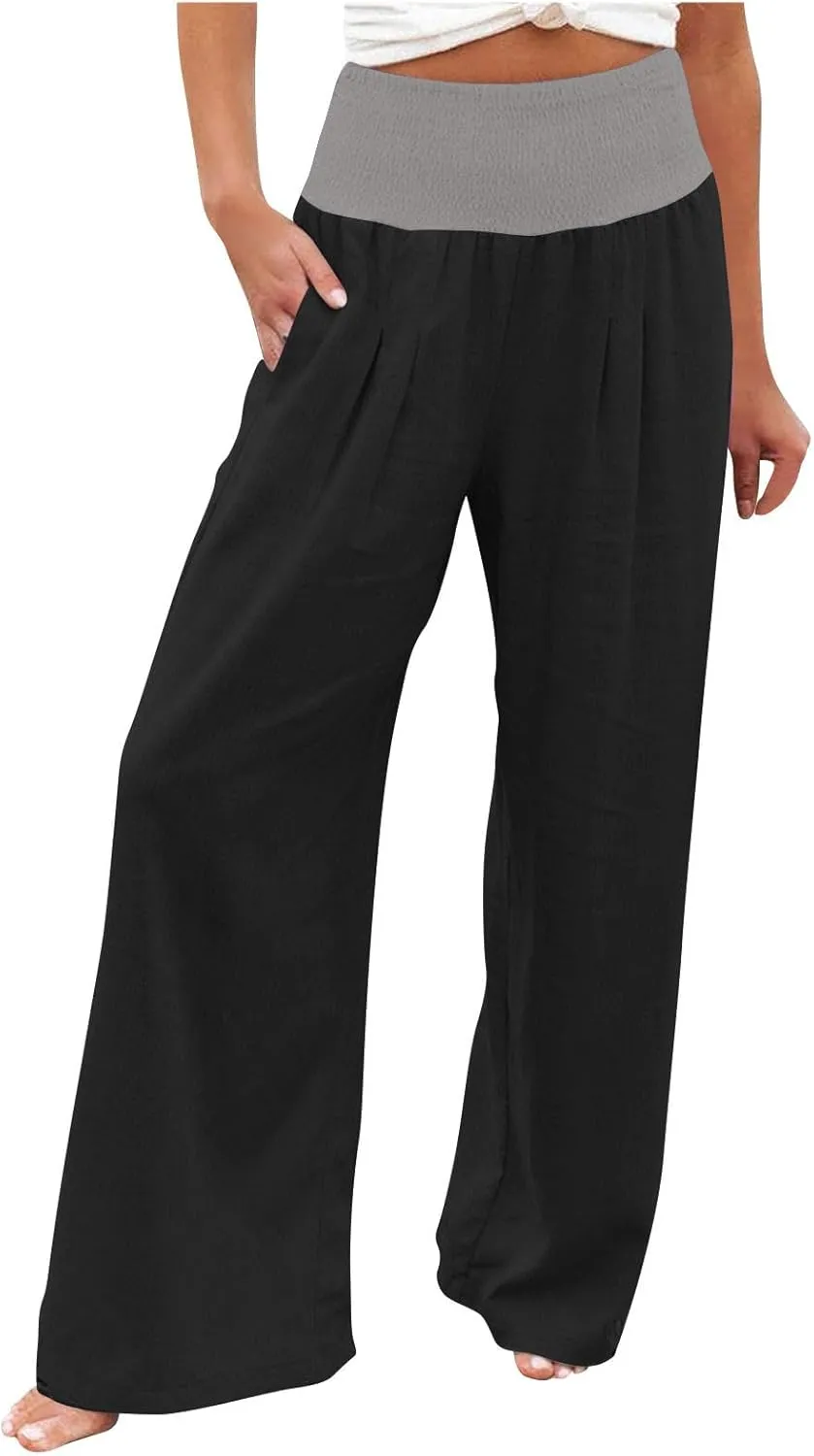 Linen Pants Women Straight Leg Summer Beach Trousers Casual Palazzo with Pockets Drawstring Elastic Waist Pants
