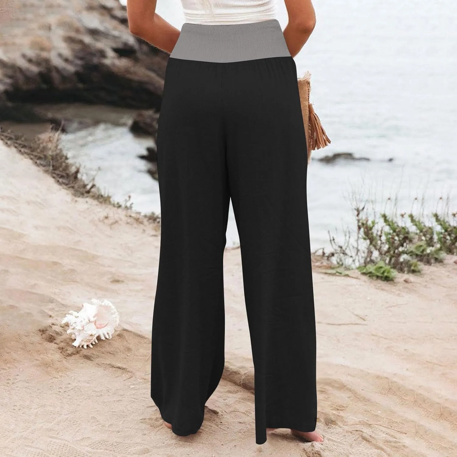 Linen Pants Women Straight Leg Summer Beach Trousers Casual Palazzo with Pockets Drawstring Elastic Waist Pants