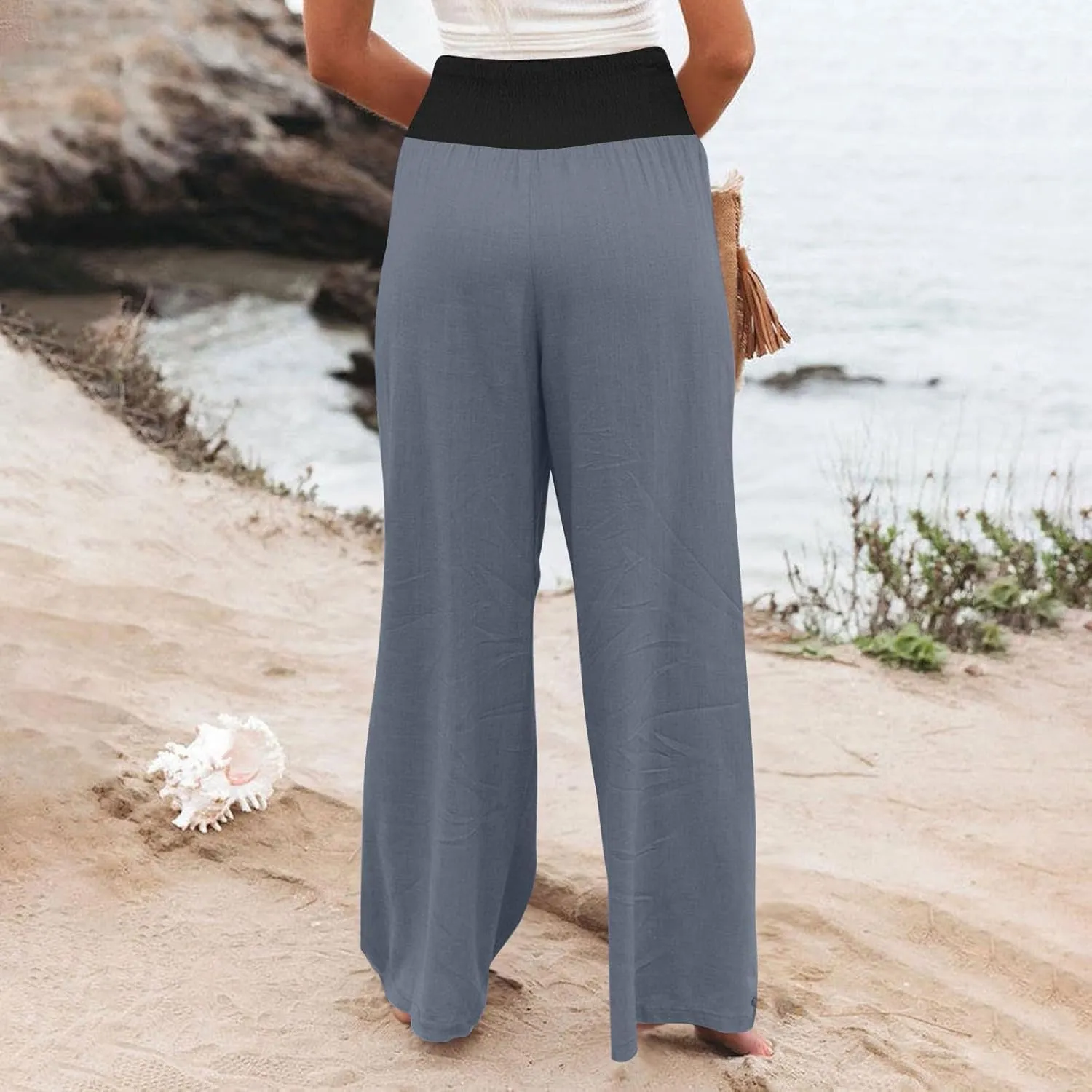 Linen Pants Women Straight Leg Summer Beach Trousers Casual Palazzo with Pockets Drawstring Elastic Waist Pants