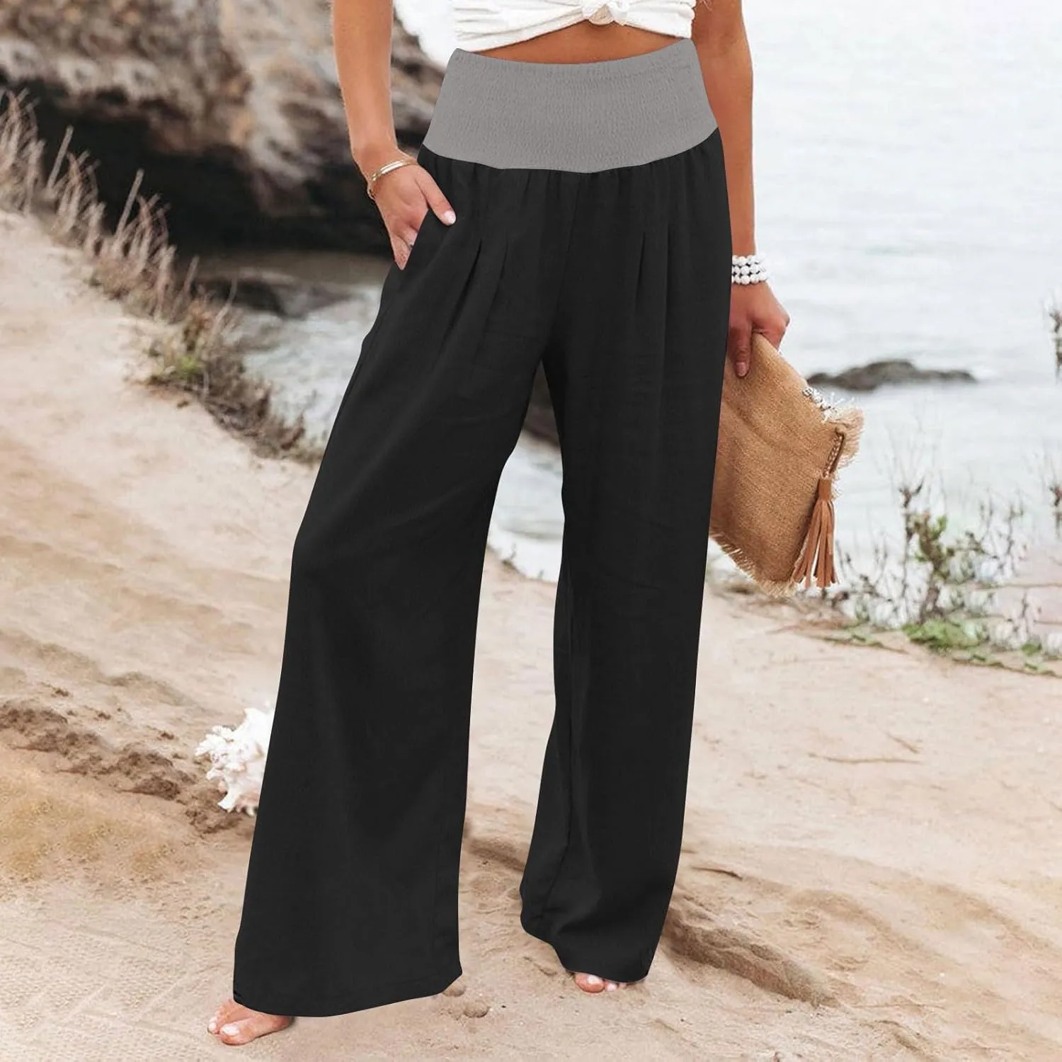 Linen Pants Women Straight Leg Summer Beach Trousers Casual Palazzo with Pockets Drawstring Elastic Waist Pants