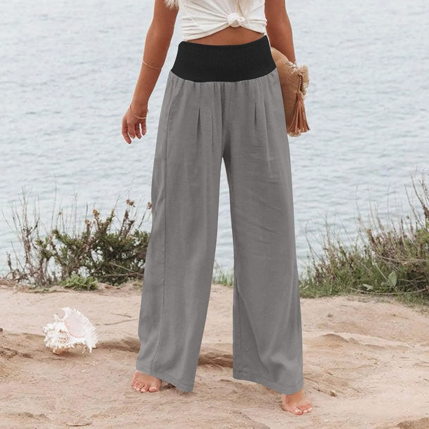 Linen Pants Women Straight Leg Summer Beach Trousers Casual Palazzo with Pockets Drawstring Elastic Waist Pants