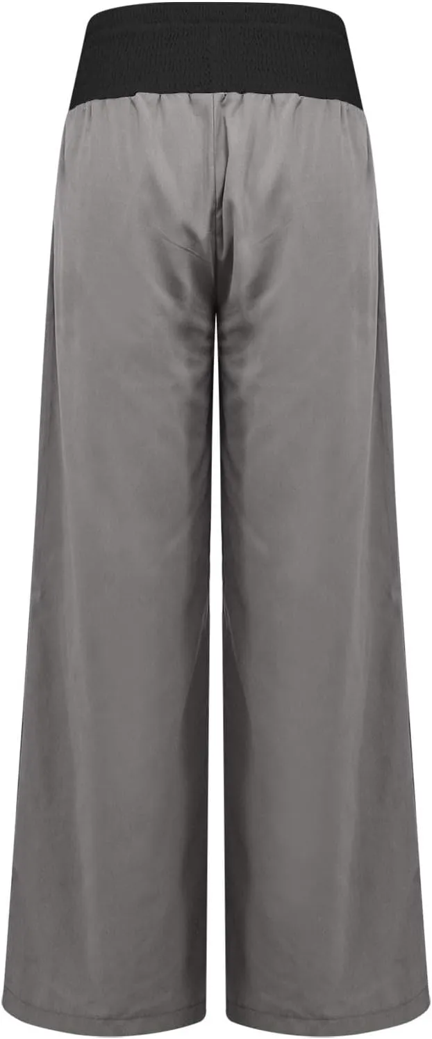 Linen Pants Women Straight Leg Summer Beach Trousers Casual Palazzo with Pockets Drawstring Elastic Waist Pants