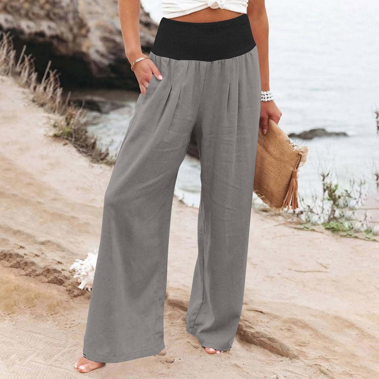 Linen Pants Women Straight Leg Summer Beach Trousers Casual Palazzo with Pockets Drawstring Elastic Waist Pants