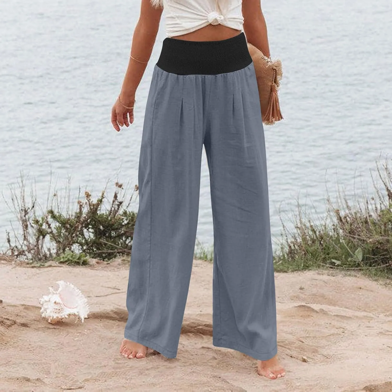 Linen Pants Women Straight Leg Summer Beach Trousers Casual Palazzo with Pockets Drawstring Elastic Waist Pants