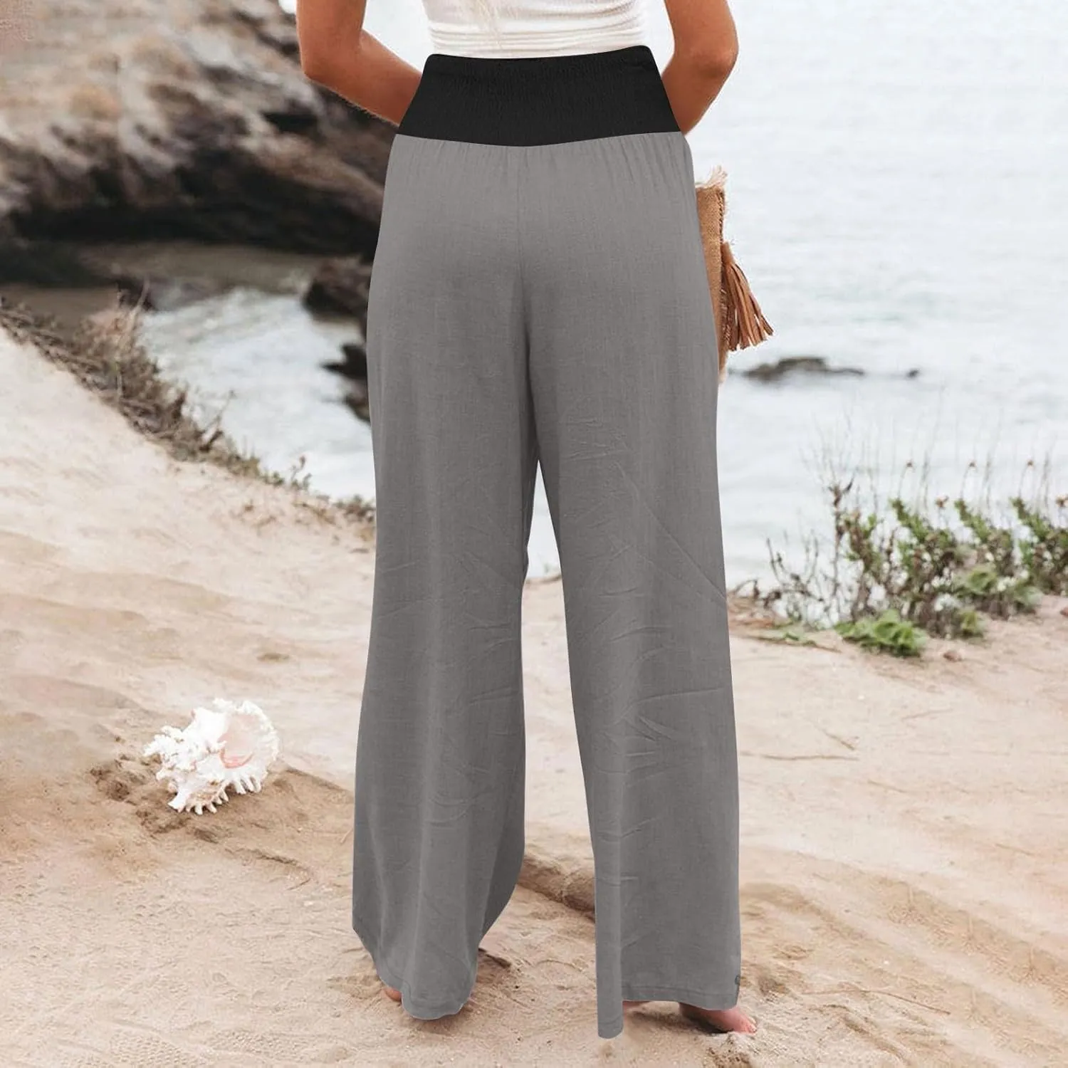 Linen Pants Women Straight Leg Summer Beach Trousers Casual Palazzo with Pockets Drawstring Elastic Waist Pants