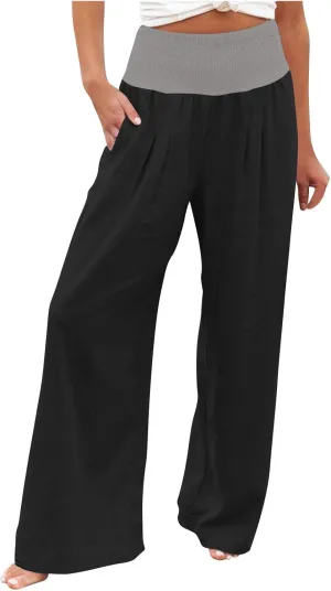 Linen Pants Women Straight Leg Summer Beach Trousers Casual Palazzo with Pockets Drawstring Elastic Waist Pants