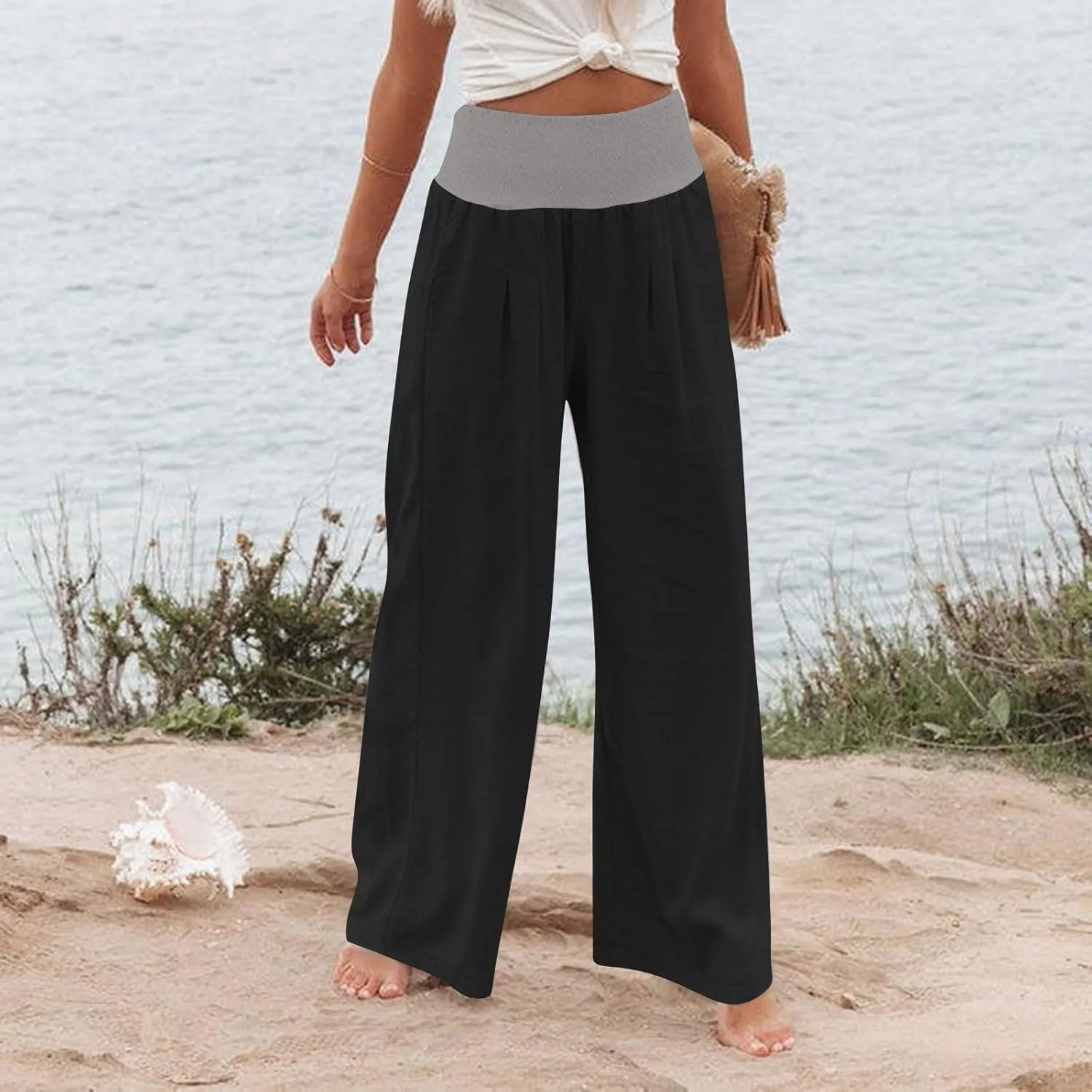 Linen Pants Women Straight Leg Summer Beach Trousers Casual Palazzo with Pockets Drawstring Elastic Waist Pants